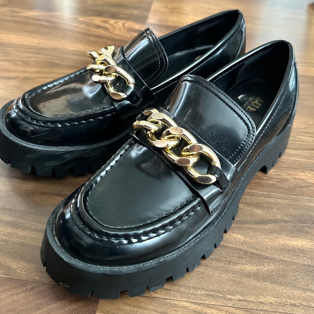 Guess Black Loafers with Gold Chain Detail